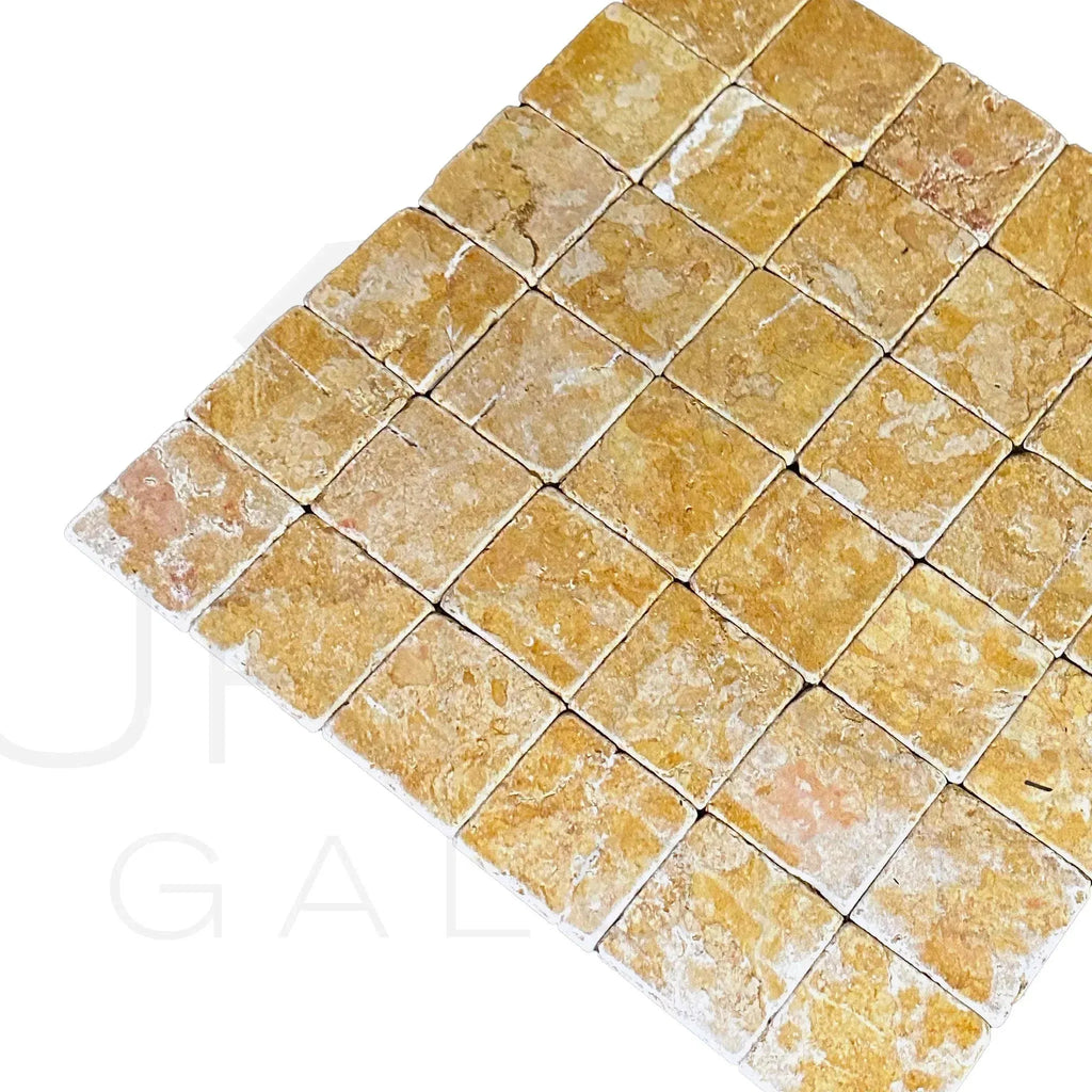 Square yellow stone mosaic tiles from Giallo Reale Marble Tumbled Tile collection