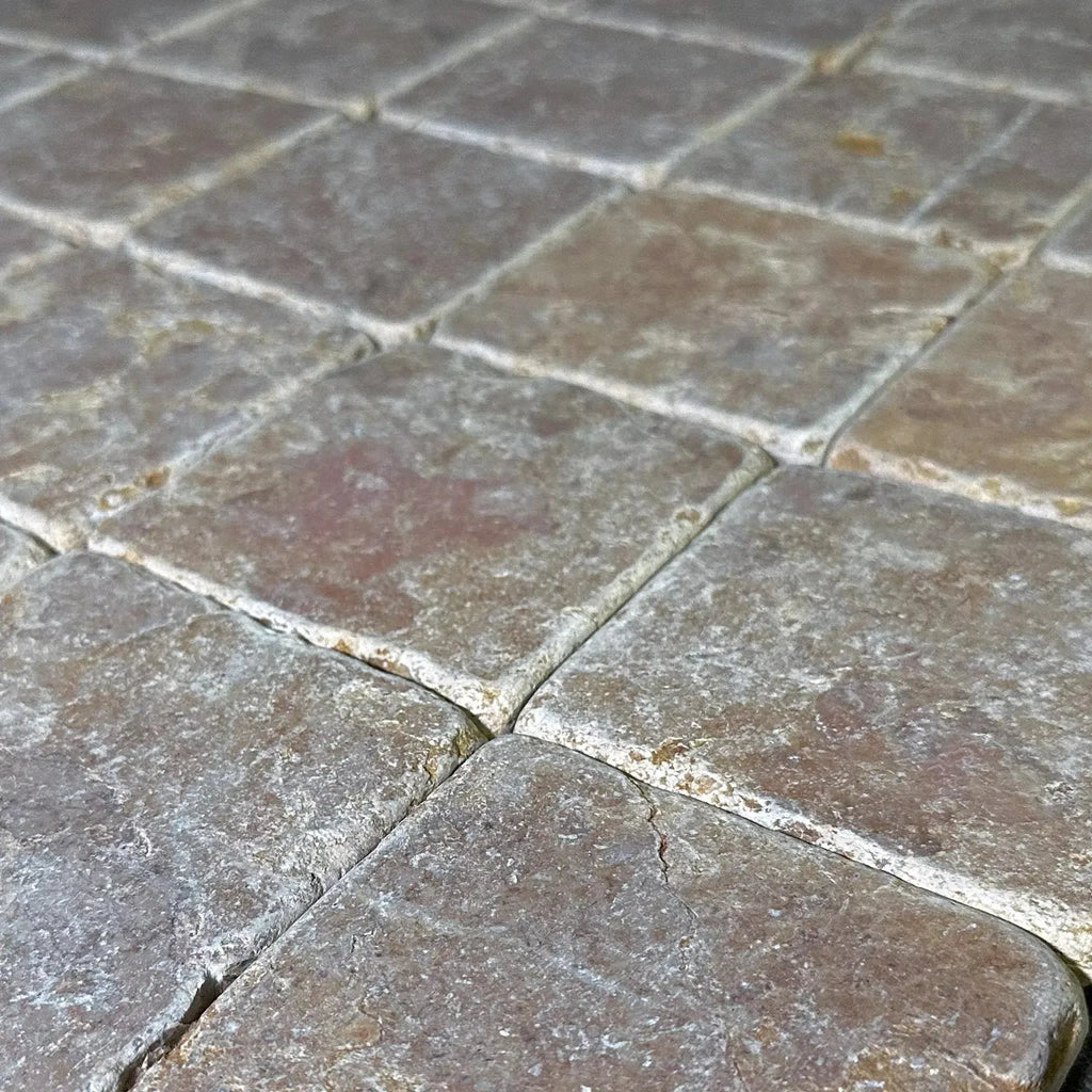 Square stone pavers of Giallo Reale Marble 4X4 Tumbled Tile, Price $11.99/Sq.Ft