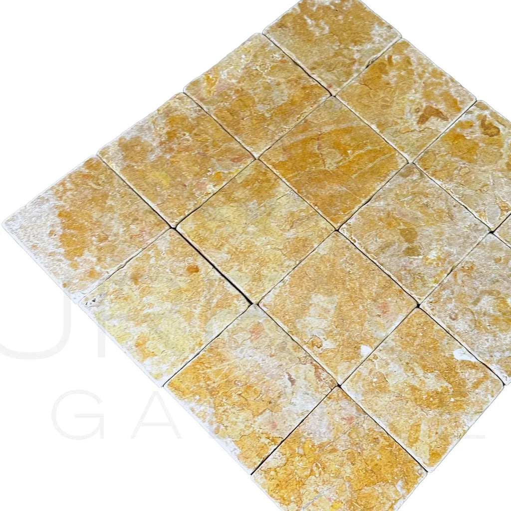 Giallo Reale Gold-Yellow Marble 6X6 Tumbled Tile with Square Yellow Stone Design