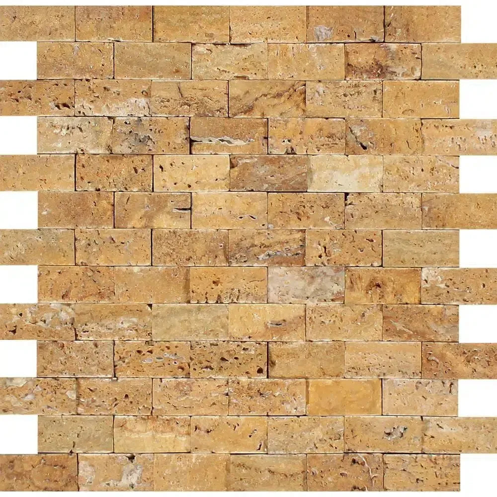 Tan brick wall mosaic of Gold Yellow Travertine 1X2 Split-Faced design