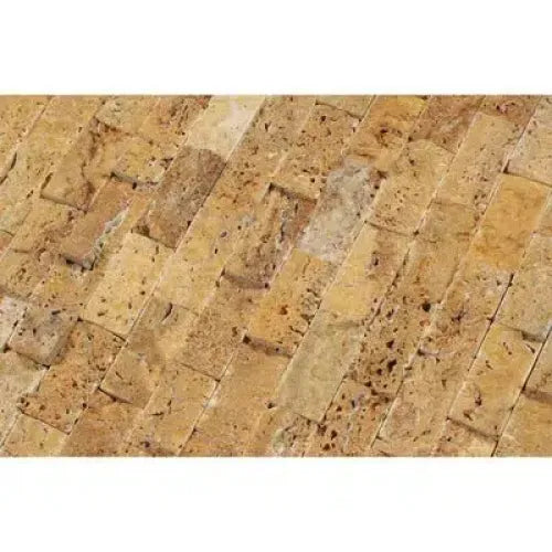 Gold Yellow Travertine 1X2 Brick Mosaic Split-Faced wall with natural texture and warmth