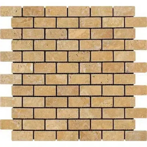 Tan brick mosaic tile showcased in Gold Yellow Travertine 1X2 Brick Mosaic Tumbled