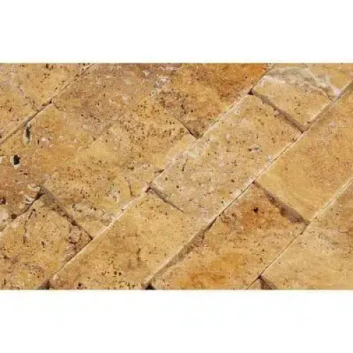 Gold Yellow Travertine 2X4 Brick Mosaic Split-Faced in a classic brick pattern design