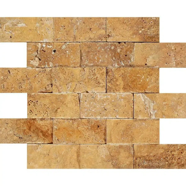 Tan travertine brick wall featuring Gold Yellow Travertine 2X4 Mosaic Split-Faced