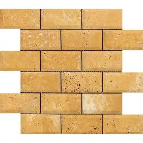 Gold Yellow Travertine 2x4 Deep-Beveled Brick Mosaic Honed for elegant interior design