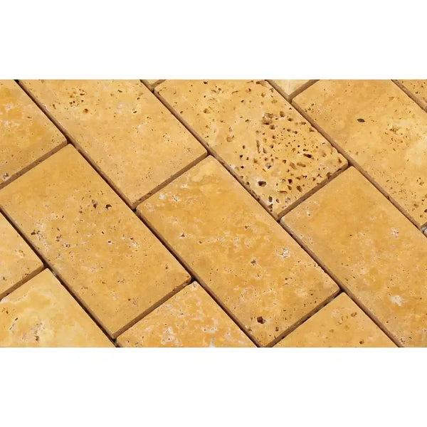 Rectangular yellow travertine tiles in Gold Yellow Travertine 2X4 Deep-Beveled Mosaic