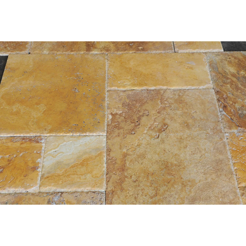 Tumbled Travertine flooring tiles in Gold/Yellow Versailles Pattern set for elegant decor