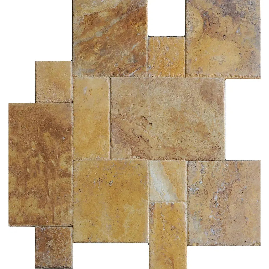 Gold Yellow Travertine Tile Mosaic in Versailles Pattern Set Brushed and Chiseled Finish