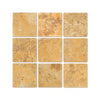 Nine square Gold Yellow Travertine 4X4 Tumbled tiles showcasing elegant texture