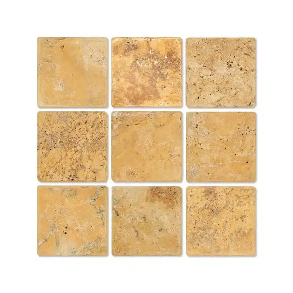 Nine square Gold Yellow Travertine 4X4 Tumbled tiles showcasing elegant texture