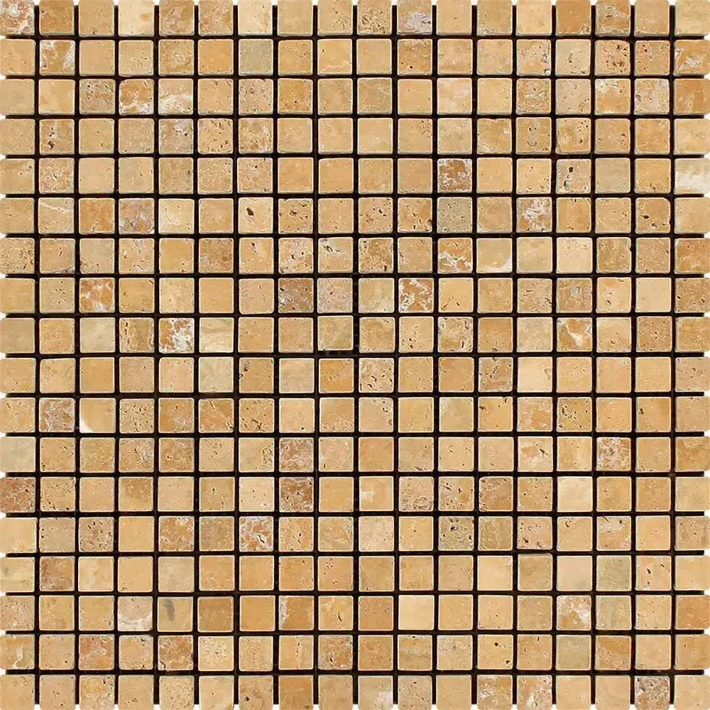 Beige mosaic tile sheet of Gold Yellow Travertine 5/8X5/8 Tumbled design