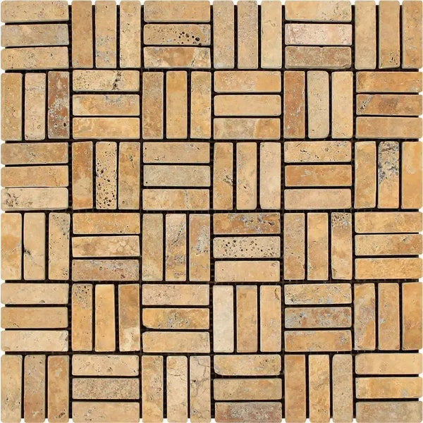 Tan Travertine Basketweave Mosaic Tile in Gold Yellow Travertine Random Strip Tumbled