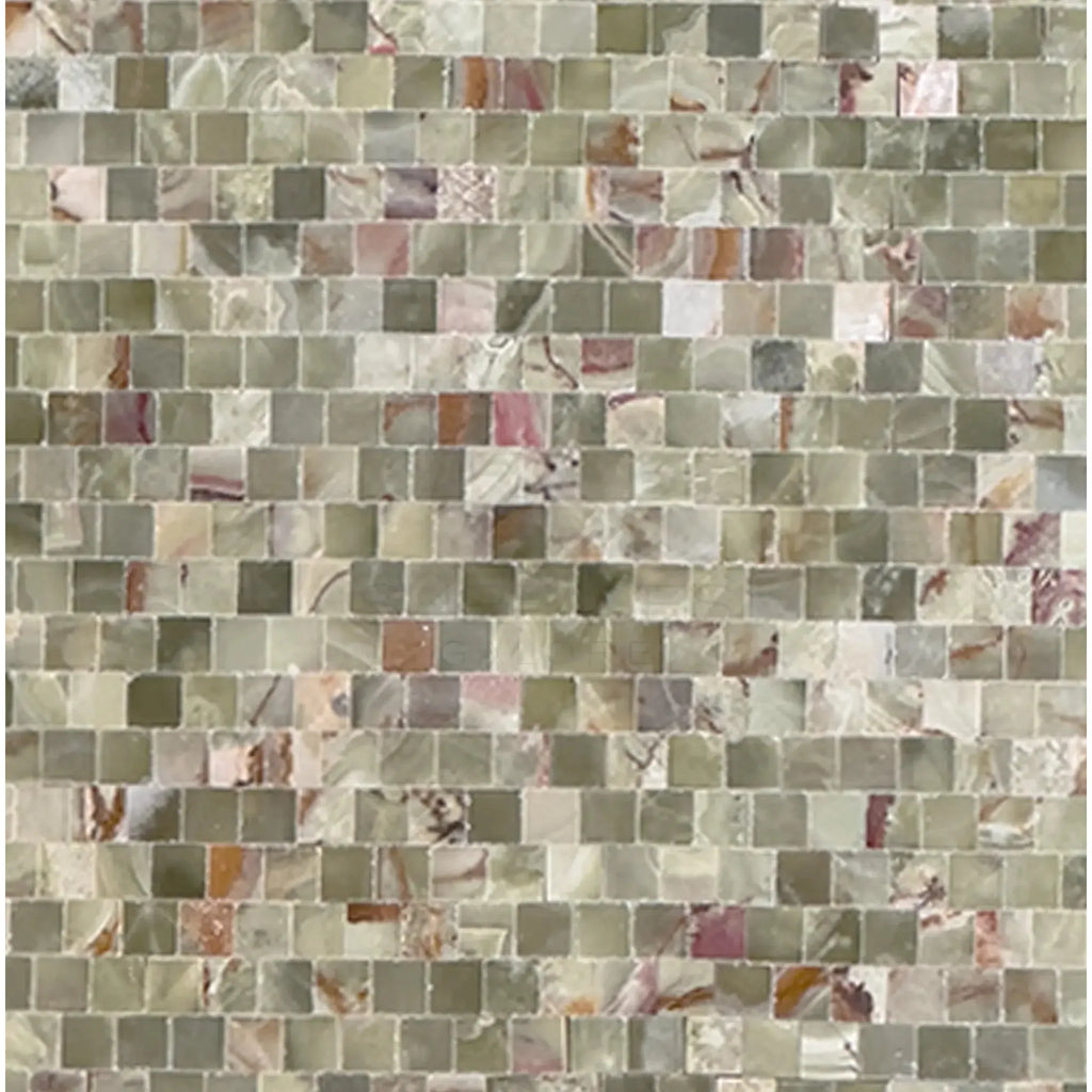 Mosaic tile pattern of Green Onyx 3/8X3/8 Staggered Tight-Joint Polished finish