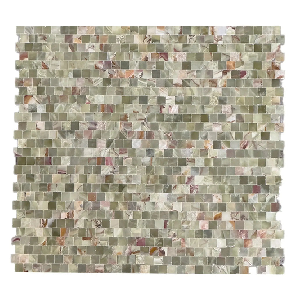 Green Onyx 3/8X3/8 Staggered Tight-Joint Mosaic Polished Square Tile Sheet