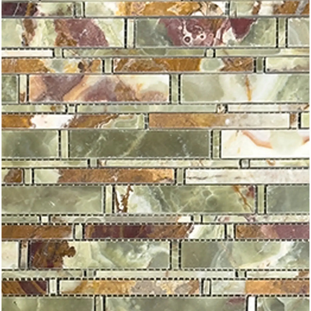 Green, brown, and red mosaic tile featured in Green Onyx Bamboo Sticks product