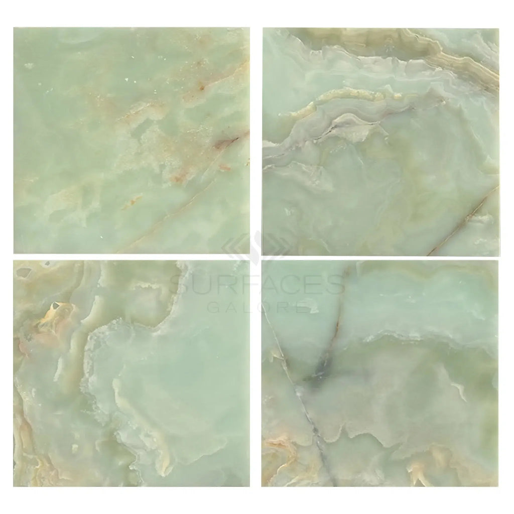 Four Green Onyx tiles displayed as part of Green Onyx Marble 12X12 Polished product