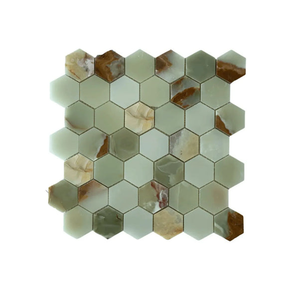 Hexagonal Green Onyx mosaic tiles in Green Onyx Marble 2 inch polished finish