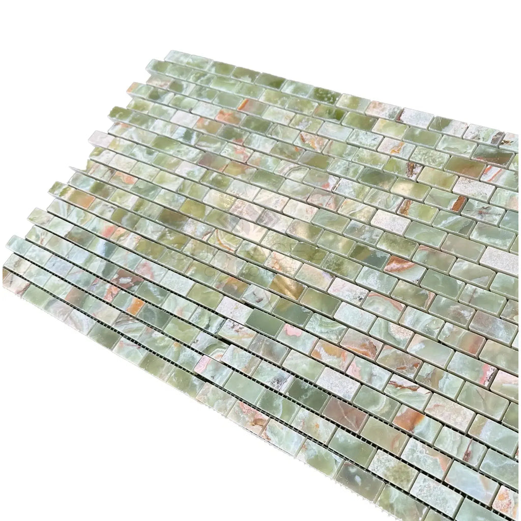 Green Onyx Marble Mini-Brick Mosaic Tile Sheet in Green and Brown Colors