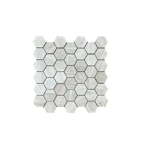 Hexagonal mosaic tile sheet of Haisa Light White Wood 2-inch Limestone Honed