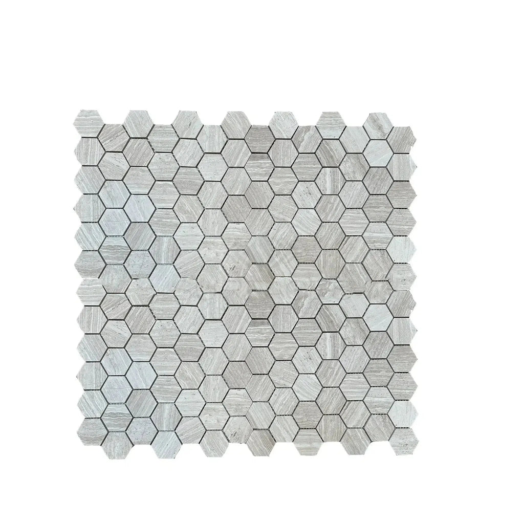 Hexagonal gray marble mosaic tile featured in Haisa Light 2 inch hexagon limestone honed