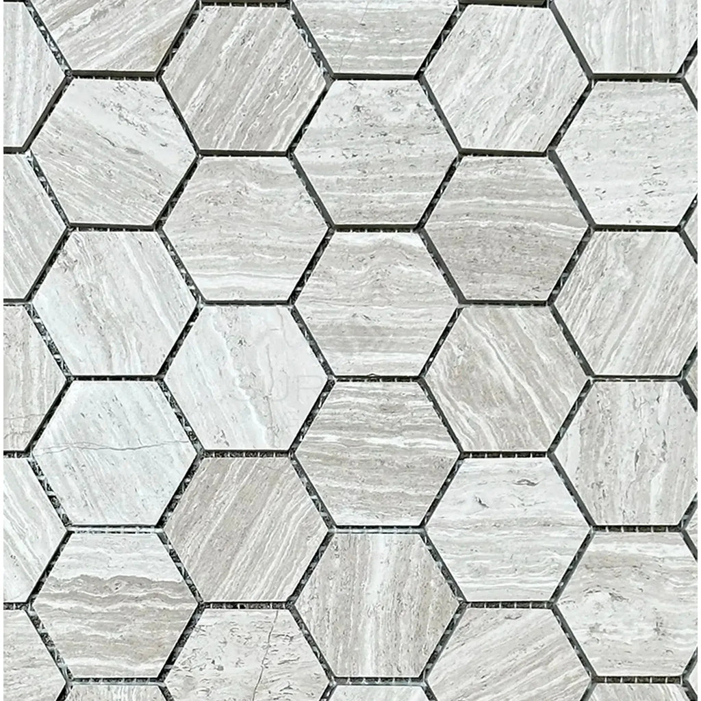 Hexagonal marble mosaic tile from Haisa Light White Wood 2-inch Limestone collection