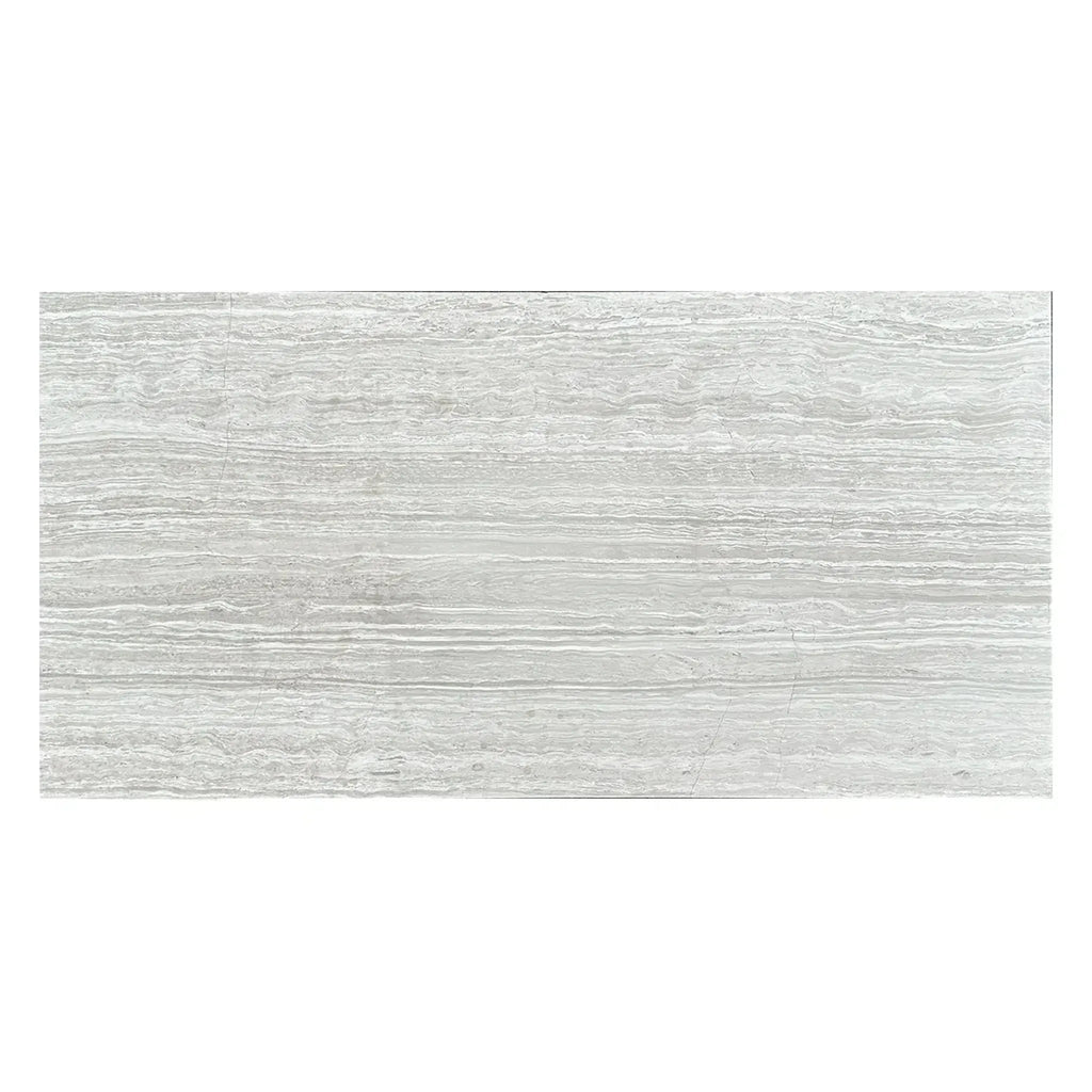 Gray horizontally-striped tile from Haisa Light White Wood 3X6 Limestone Honed collection