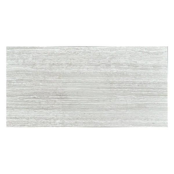 Gray horizontally-striped tile from Haisa Light White Wood 3X6 Limestone Honed collection