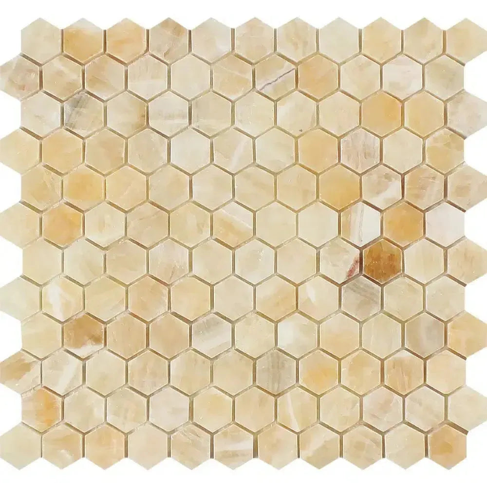 Beige and yellow hexagon tile mosaic in Honey Onyx Giallo Crystal marble design