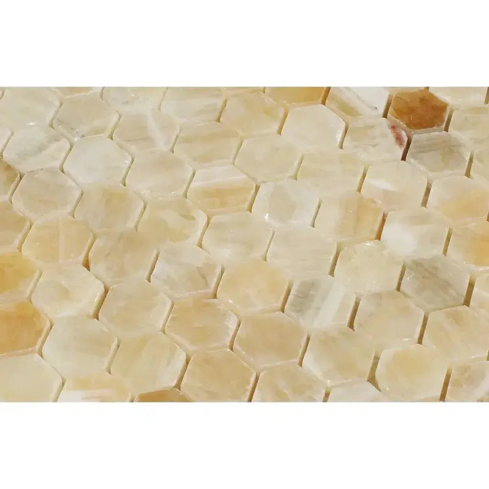 Honey Onyx Giallo Crystal 1 Inch Hexagon Mosaic Marble Tile in Honeycomb Pattern