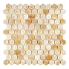 Honey Onyx Giallo Crystal hexagon mosaic tile featuring a honeycomb pattern