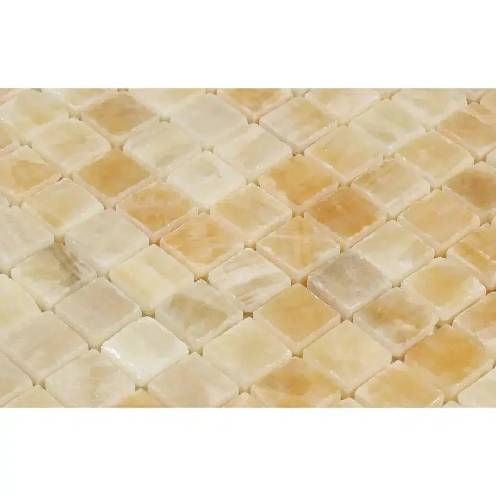 Tessellated beige and yellow stone tiles in Honey Onyx Giallo Crystal Mosaic Tile