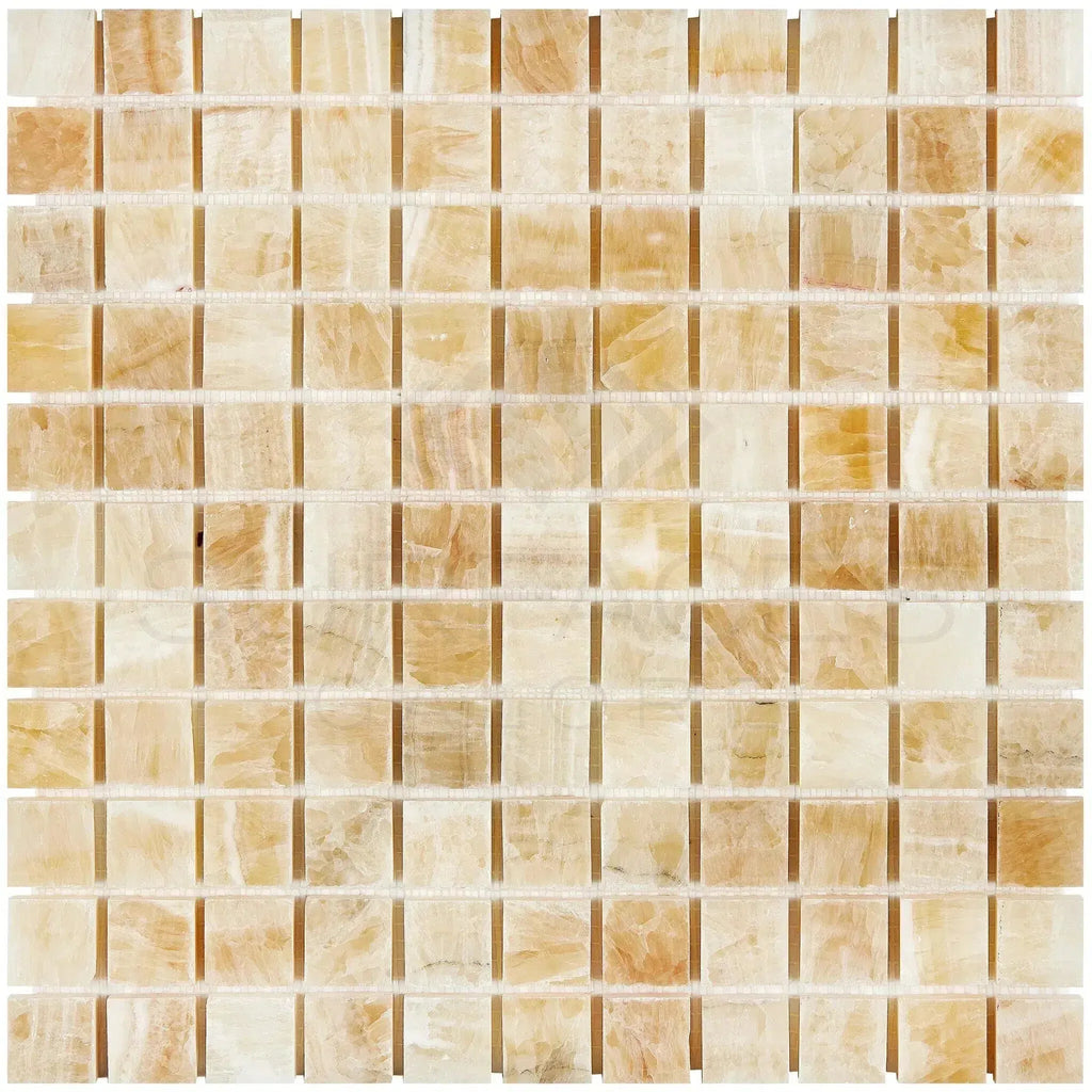 Beige and brown mosaic tile sheet of Honey Onyx Giallo Crystal 1X1 Polished Marble Tile