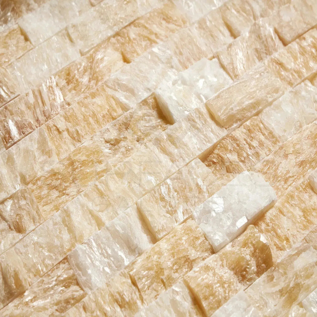 Honey Onyx Giallo Crystal 1X2 Brick Mosaic Marble Tile in beige and white stone