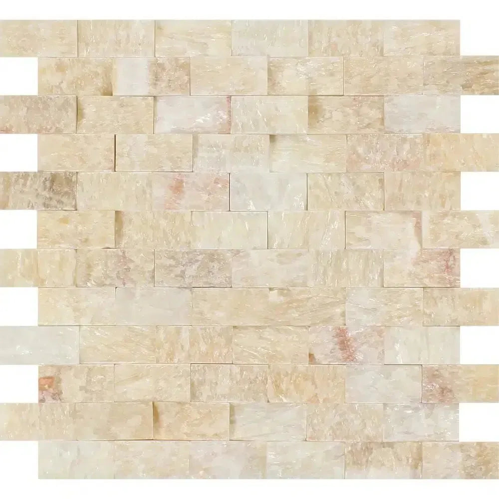 Beige stacked stone mosaic tile from Honey Onyx Giallo Crystal 1X2 Brick Marble Tile