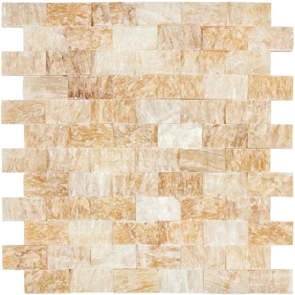 Beige and white brick mosaic tile in Honey Onyx Giallo Crystal 1X2 Split-Faced Marble