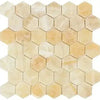 Honeycomb patterned tile sheet featuring Honey Onyx Giallo Crystal 2’’ hexagon mosaic