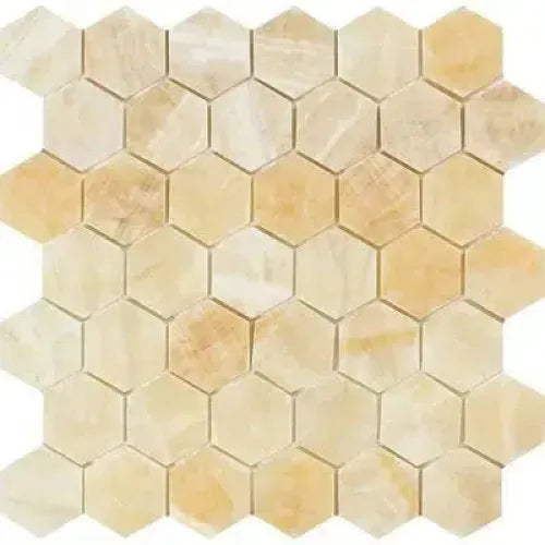 Honeycomb patterned tile sheet featuring Honey Onyx Giallo Crystal 2’’ hexagon mosaic