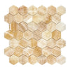 Honeycomb pattern of tan Onyx tiles in Honey Onyx Giallo Crystal 2’’ hexagon mosaic