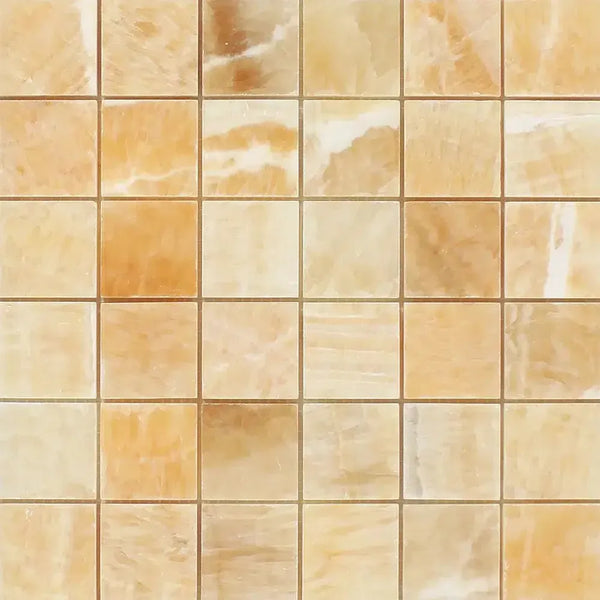 Beige and brown marble mosaic tiles in Honey Onyx Giallo Crystal 2X2 polished design