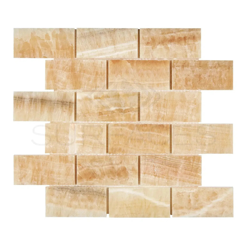 Beige Onyx brick mosaic tile in Honey Onyx Giallo Crystal 2X4 polished marble tile