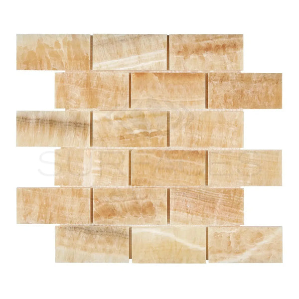 Beige Onyx brick mosaic tile in Honey Onyx Giallo Crystal 2X4 polished marble tile