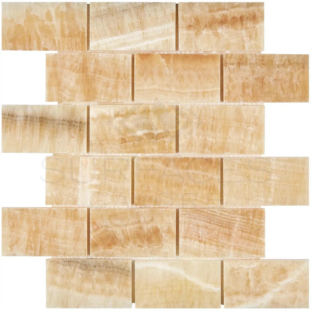 Honey Onyx brick mosaic tile in Honey Onyx Giallo Crystal 2X4 polished marble