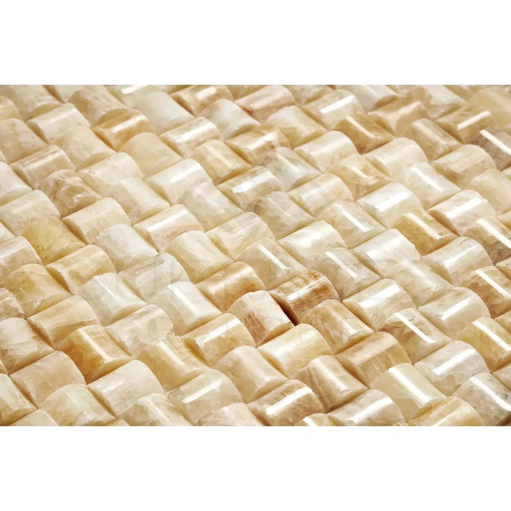 Beige and white woven stone mosaic of Honey Onyx Giallo Crystal 3-D tile