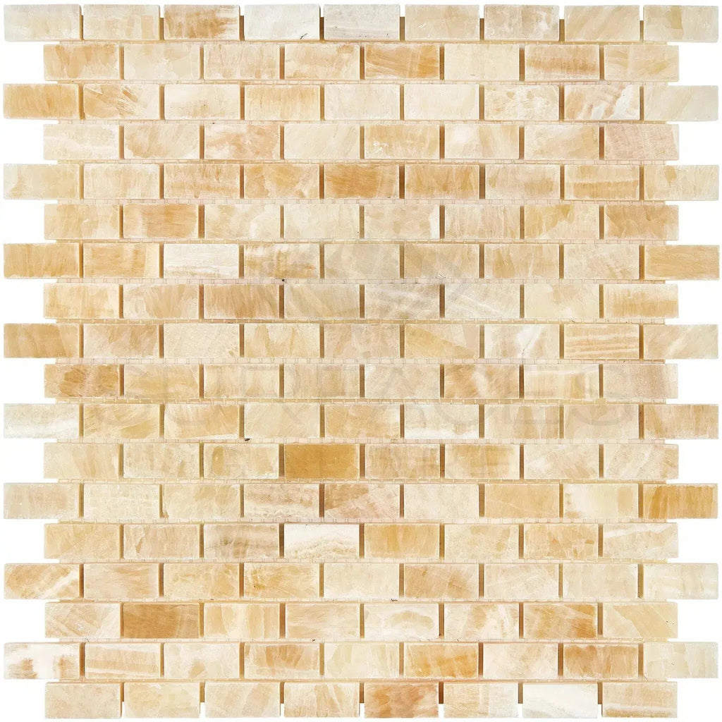 Beige brick mosaic tile in Honey Onyx Giallo Crystal mini-brick design