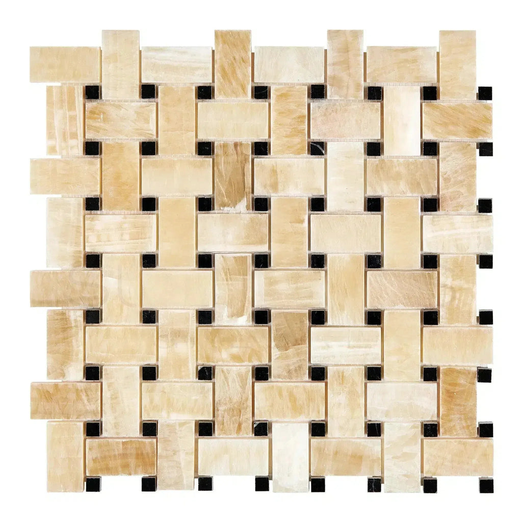 Beige and black woven tile mosaic in Honey Onyx Basketweave Marble Tile Polished