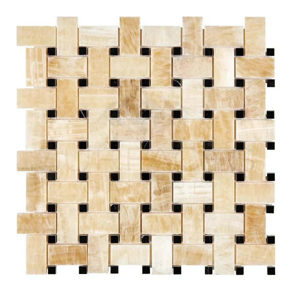 Beige and black woven mosaic tile from Honey Onyx Basketweave Marble Tile collection