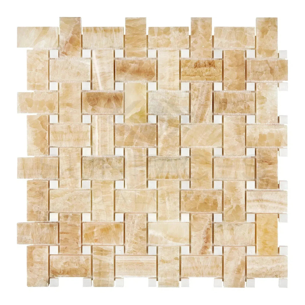 Woven pattern of light brown marble tiles in Honey Onyx Basketweave Mosaic design