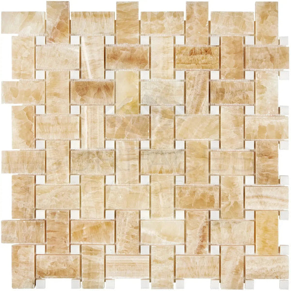 Woven pattern of tan and beige stone tiles in Honey Onyx Basketweave Mosaic