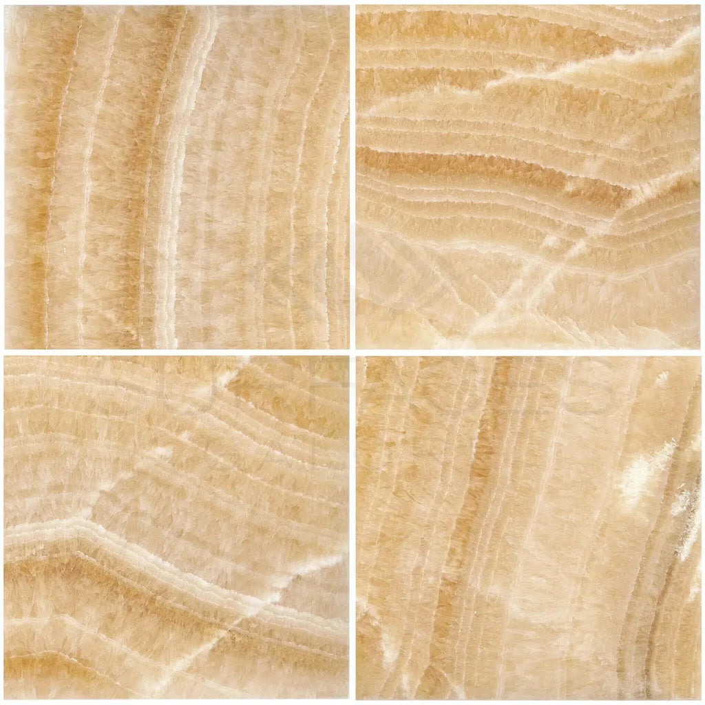 Four beige marble tiles from Honey Onyx Giallo Crystal Marble 12X12 Polished