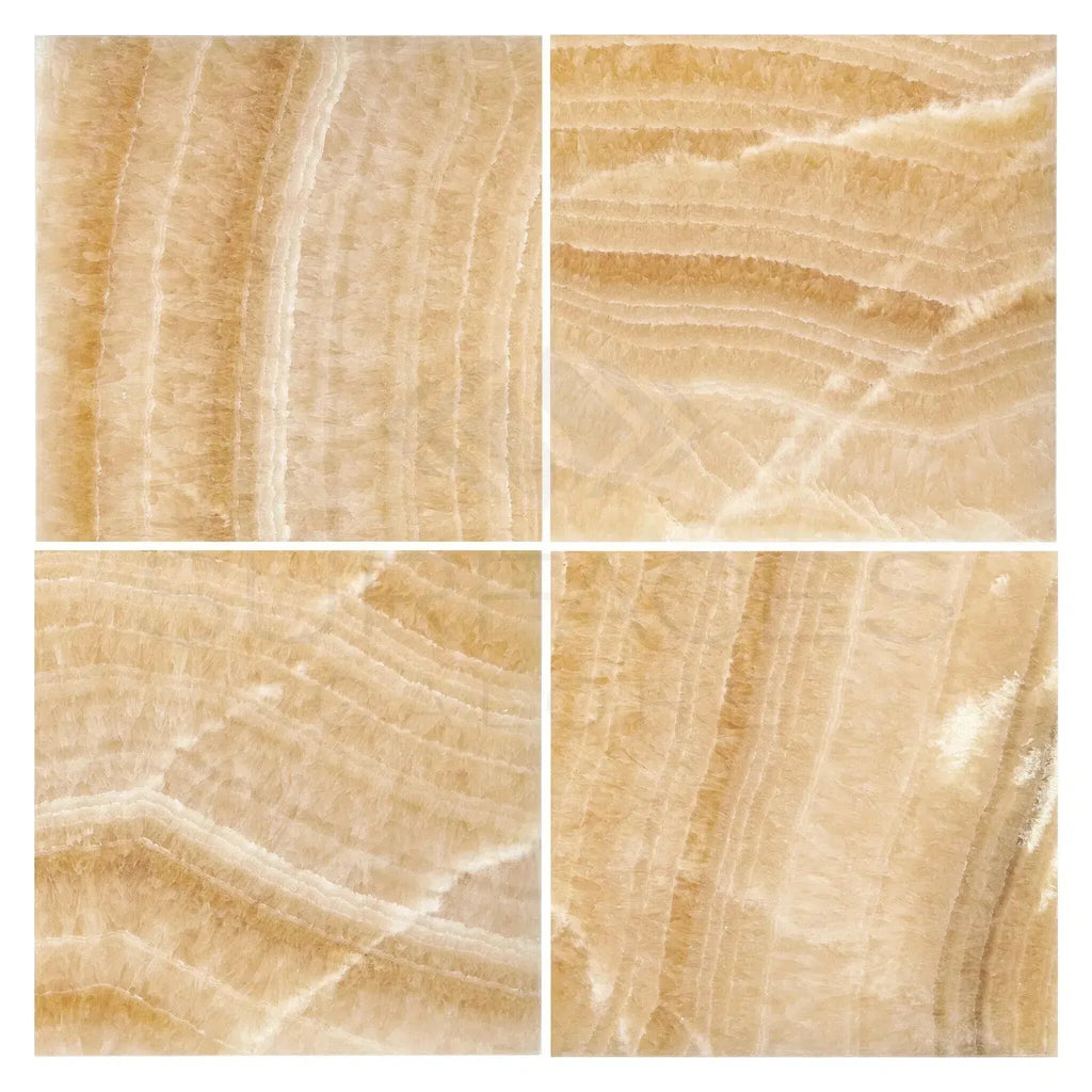 Four beige onyx tiles of Honey Onyx Giallo Crystal Marble 12X12 Polished